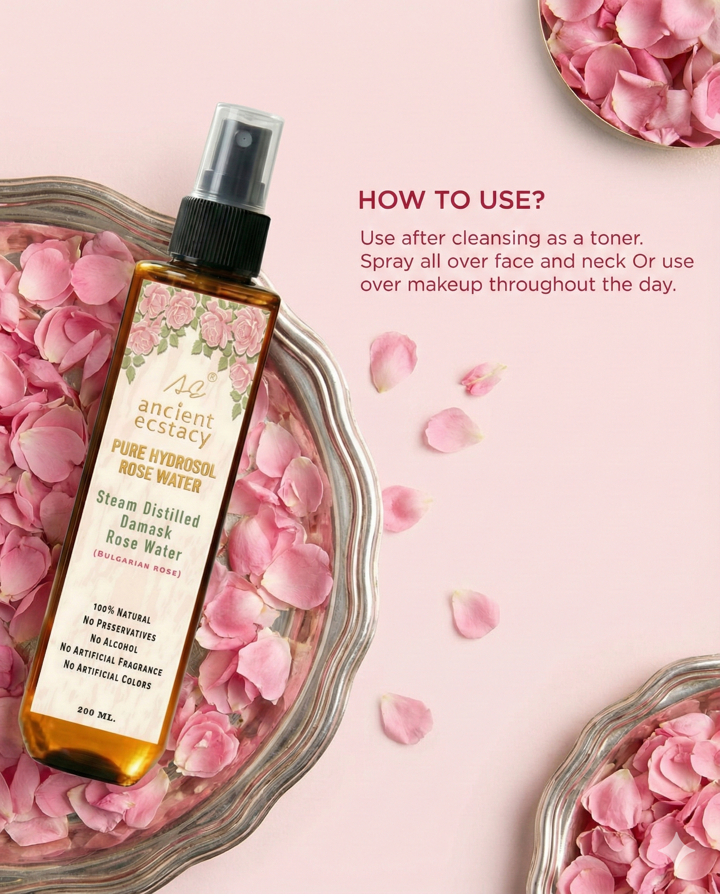 100% Pure Damask Rose Water - Steam Distilled Facial Toner & Mist (200ml)