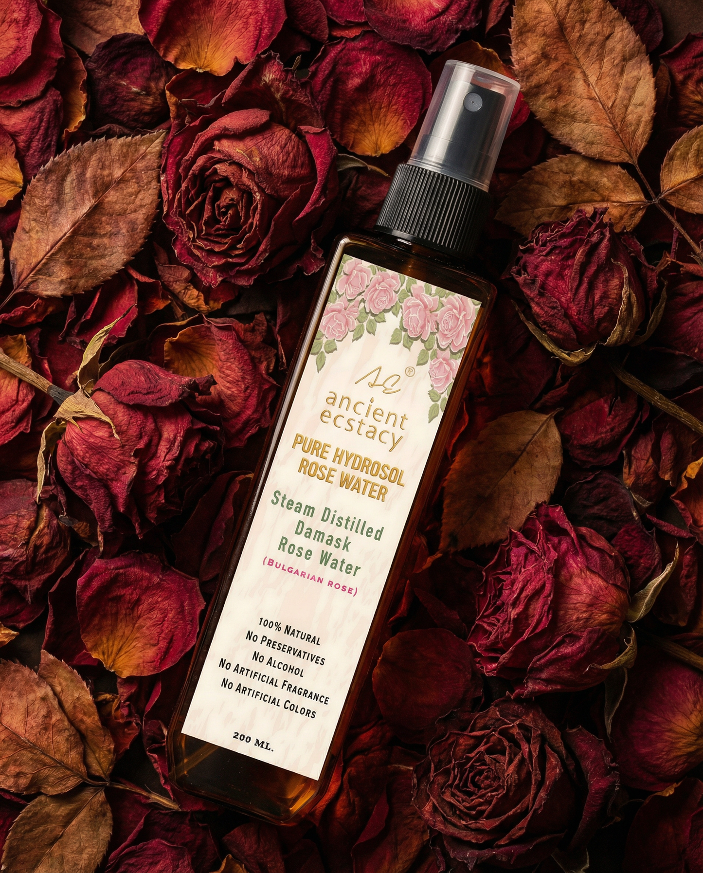 100% Pure Damask Rose Water - Steam Distilled Facial Toner & Mist (200ml)